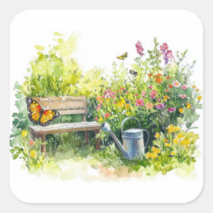 Pegatina Cuadrada Jardín de verano con mariposas