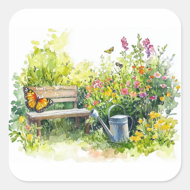 Pegatina Cuadrada Jardín de verano con mariposas (Anverso)