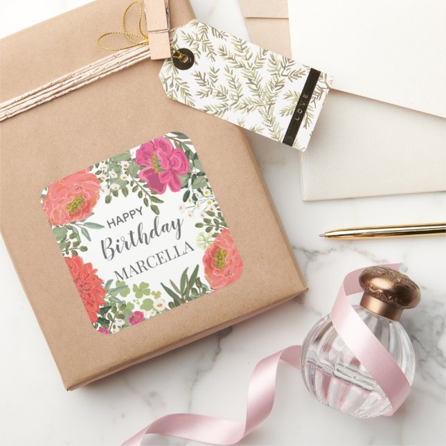 Pegatina Cuadrada Jardín de Verano Flores Alegres Feliz Cumpleaños (Regalar)