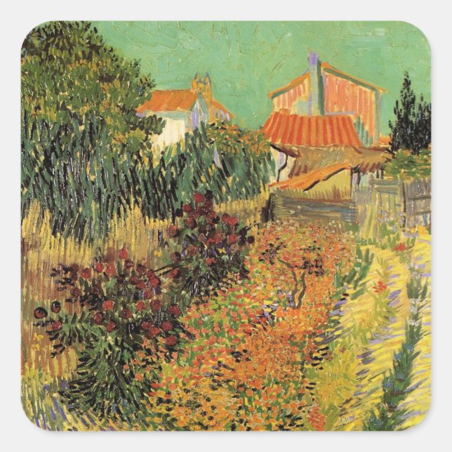 Pegatina Cuadrada Jardín detrás de una casa de Vincent van Gogh (Anverso)