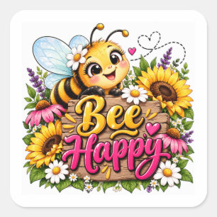 Pegatina Cuadrada Jardín Floral Abeja Feliz