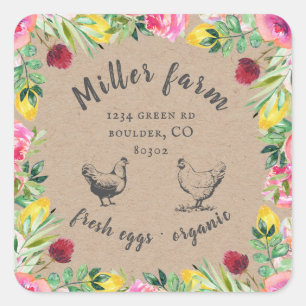 Pegatina Cuadrada jardín floral granja huevo cartón cuadrado pegatin