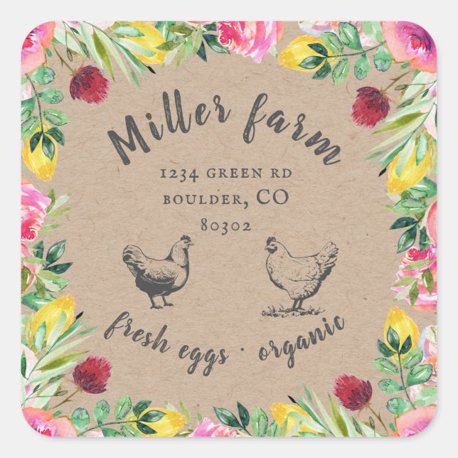 Pegatina Cuadrada jardín floral granja huevo cartón cuadrado pegatin (Anverso)