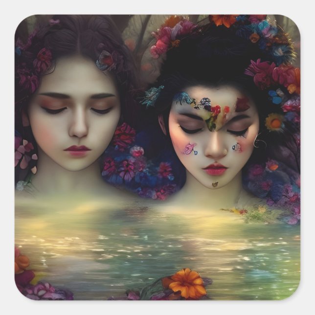 Pegatina Cuadrada Jardín místico: Sueños Florales (Anverso)