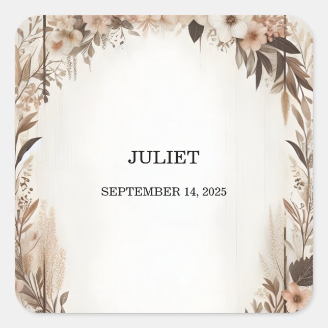 Pegatina Cuadrada Jardín Primavera Wood Boho Rústica Bridal Shower (Anverso)