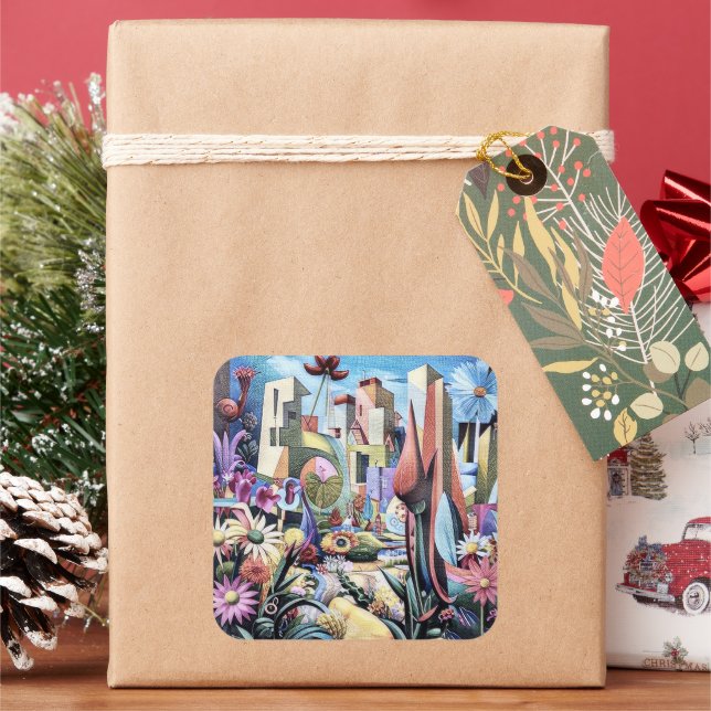 Pegatina Cuadrada Jardín Surreal - Diseño de Ilustracion floral 1 (Vacaciones)