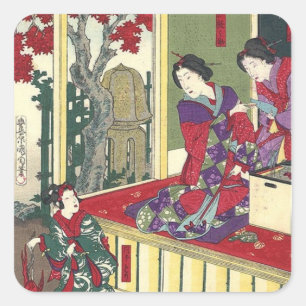 Pegatina Cuadrada jardín zen otoño arce kimono geisha japonés