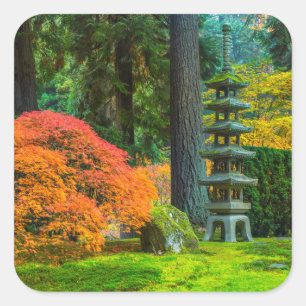 Pegatina Cuadrada Jardines Japoneses En Otoño En Portland, Oregón
