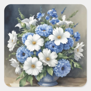 Pegatina Cuadrada Jarrón de flores elegante acuarela