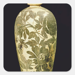 Pegatina Cuadrada Jarrón de Mei P'ing con decoración floral negra