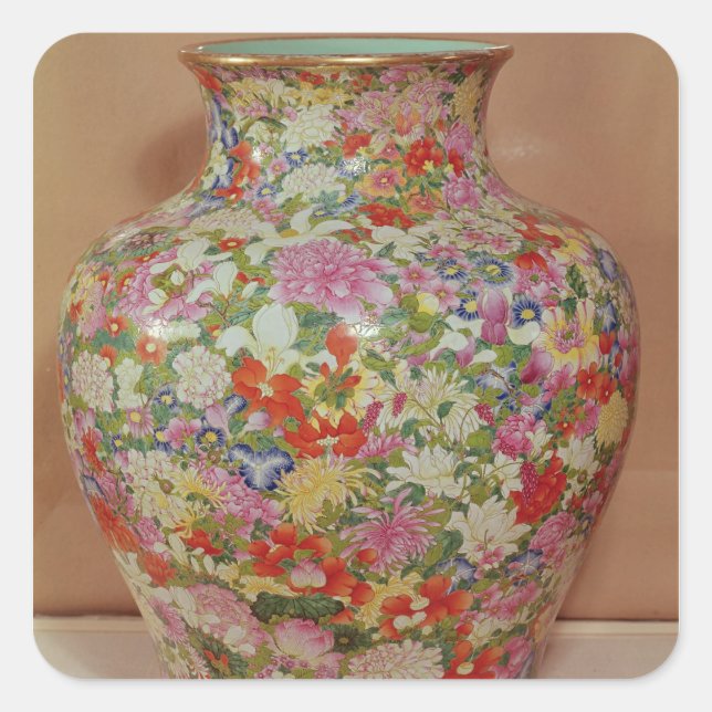 Pegatina Cuadrada Jarrón de Rosa de Famille con un milímetro (Anverso)