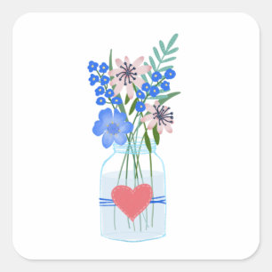 Pegatina Cuadrada Jarrón floral de pervinca Masons Jar Amor Corazón