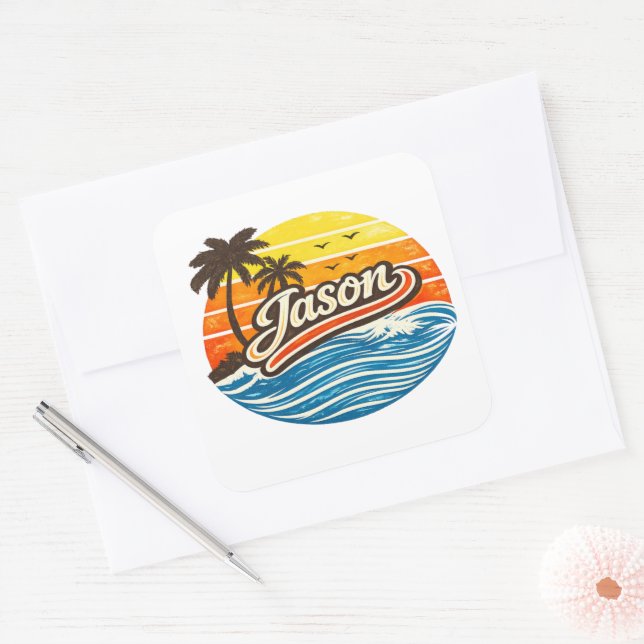 Pegatina Cuadrada Jason Retro Sunset Name Design (Sobre)