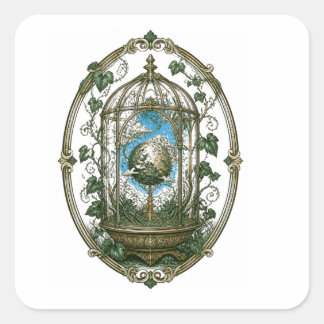 Pegatina Cuadrada Jaula de Pájaro Mística Botánica Vintage Arte Góti