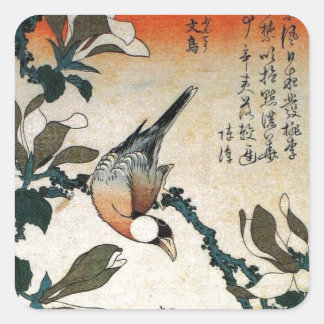 Pegatina Cuadrada Java Sparrow y Kobushi Magnolia (por Hokusai)