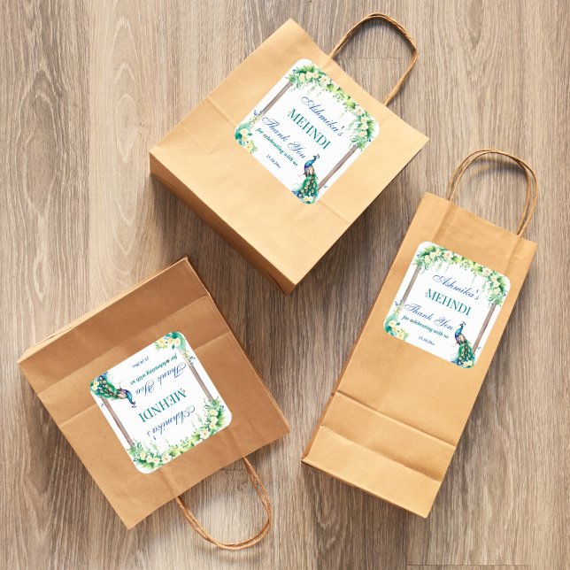 Pegatina Cuadrada Jazmín pavo real florece arco boda india mehndi (Peacock jasmine Indian wedding mehndi favor gift thank you stickers mehandi favor stickers)