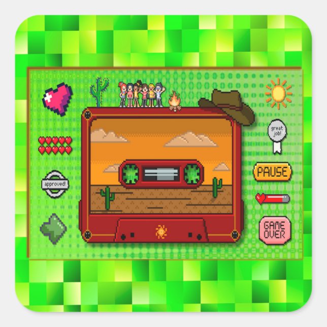 Pegatina Cuadrada Jeans games pixel art. (Anverso)