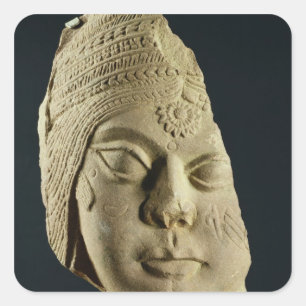 Pegatina Cuadrada Jefe de piedra arenisca roja de Yakshi, Bharhut,