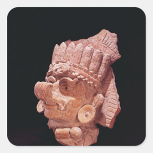 Pegatina Cuadrada Jefe del dios maya del maíz, Oaxaca, c.500 AD