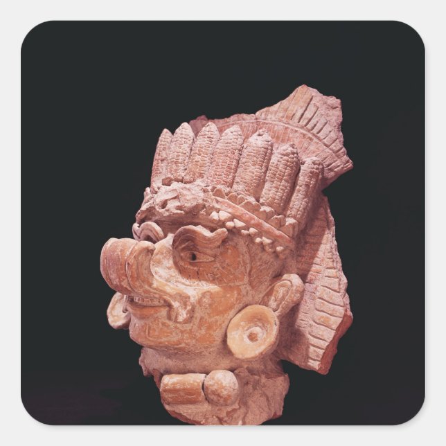 Pegatina Cuadrada Jefe del dios maya del maíz, Oaxaca, c.500 AD (Anverso)