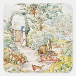 Pegatina Cuadrada Jemima Puddle Duck en el jardín del señor Mc Grego