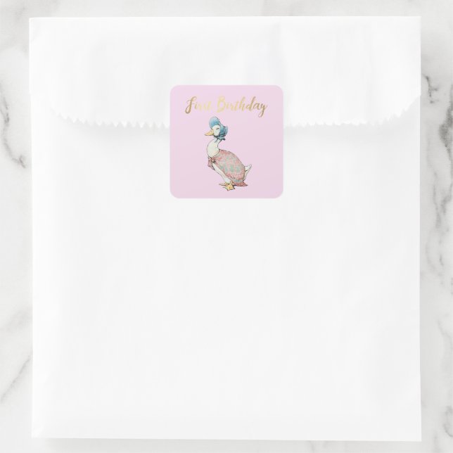 Pegatina Cuadrada Jemima Puddle Duck "Primer Cumpleaños" Textos (Bolso)