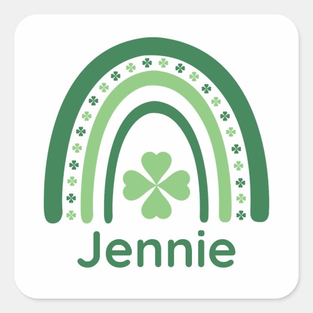Pegatina Cuadrada Jennie Name Clover Boho Rainbow (Anverso)