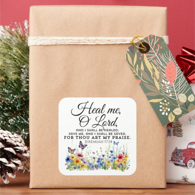 Pegatina Cuadrada Jeremías 17:14 Curando Biblia Verse Flores silvest (Vacaciones)