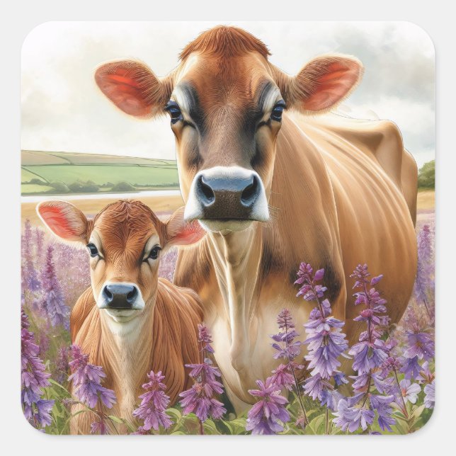 Pegatina Cuadrada Jersey Cow y Calf Wildflower (Anverso)