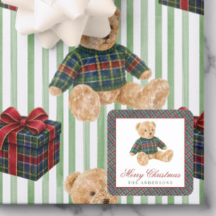 Pegatina Cuadrada Jersey de Navidad de Oso de Cuadro Escocés Acuarel