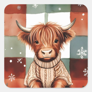 Pegatina Cuadrada Jersey de Navidad para Vaca de las Tierras Altas R
