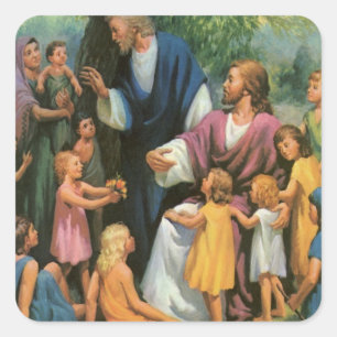 Pegatina Cuadrada Jesucristo bendiciendo a los niños, religión vinta