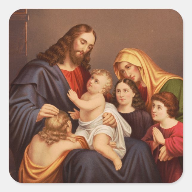 Pegatina Cuadrada Jesucristo con Niños Arte Premium Fino (Anverso)