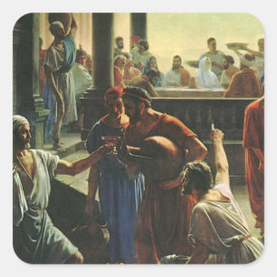 Pegatina Cuadrada Jesucristo en las Bodas de Caná, Agua en Vino