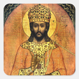 Pegatina Cuadrada Jesucristo Rey de Reyes Ícono Cristiano Ortodoxo