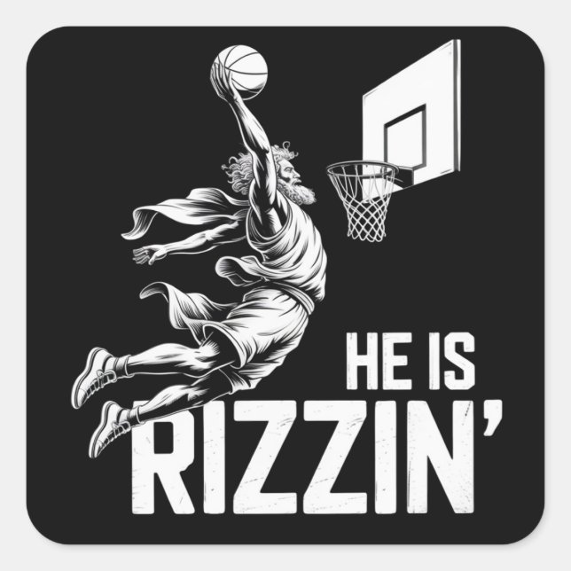 Pegatina Cuadrada Jesus Basketball He Is Rizzin' Funny Christian  (Anverso)