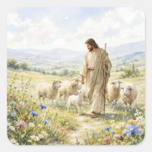 Pegatina Cuadrada Jesús Buen Pastor Acuarela de Flores Silvestres