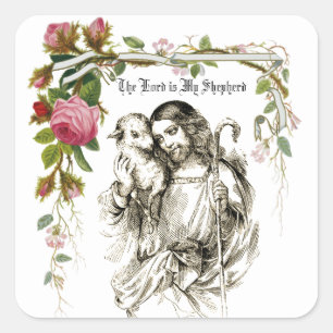 Pegatina Cuadrada Jesús Buen Pastor Rosas Vintage Religiosos