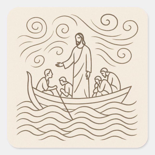 Pegatina Cuadrada Jesus Calms the Storm Line Art Sticker (Anverso)