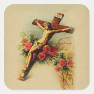 Pegatina Cuadrada Jesús católico en rosas del crucifijo