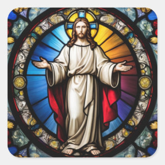 Pegatina Cuadrada Jesús con estilo de vidrio manchado