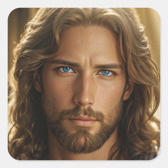 Pegatina Cuadrada Jesús con ojos azules retrato (Anverso)