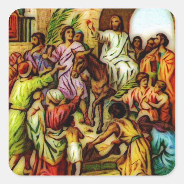 Pegatina Cuadrada Jesús conduce el burro a Jerusalén (Anverso)