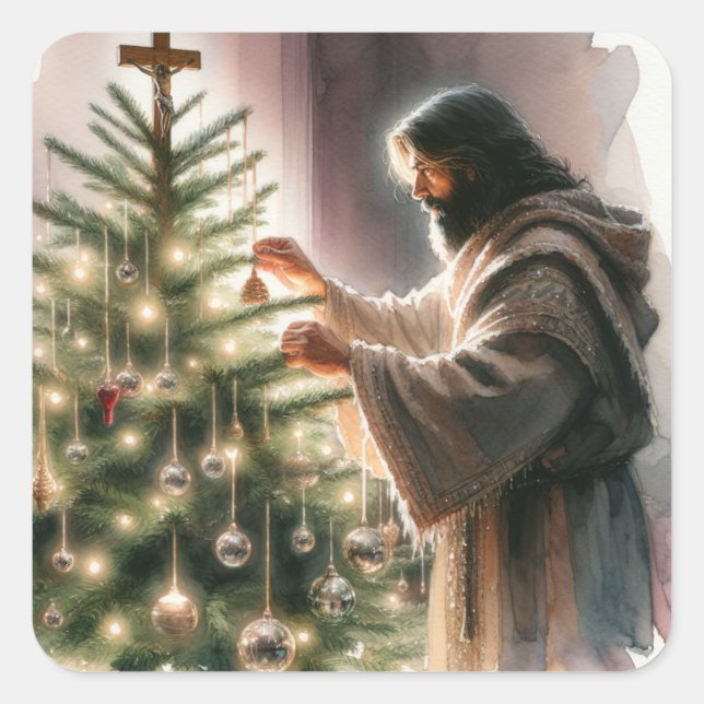 Pegatina Cuadrada Jesús el Mesías decorando el árbol de Navidad (Anverso)