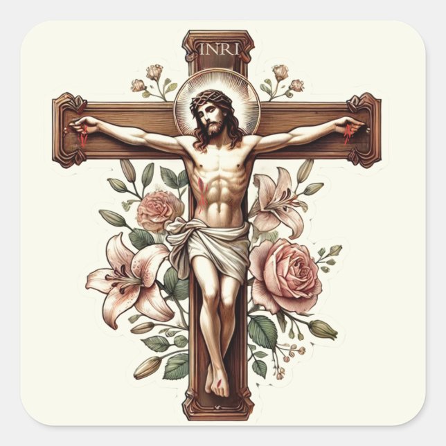 Pegatina Cuadrada Jesús en Crucifijo con Rosas Religiosos (Anverso)