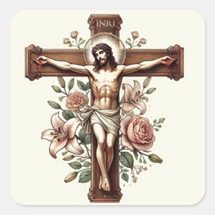 Pegatina Cuadrada Jesús en Crucifijo con Rosas Religiosos