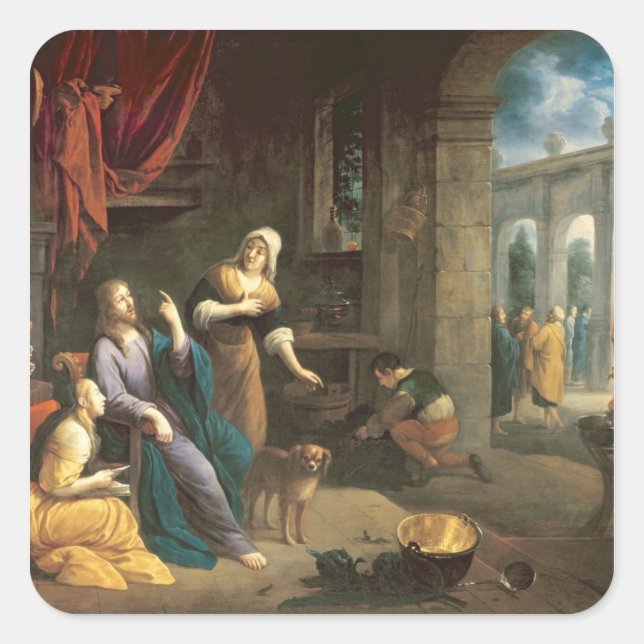 Pegatina Cuadrada Jesús en la casa de Martha y María (Anverso)