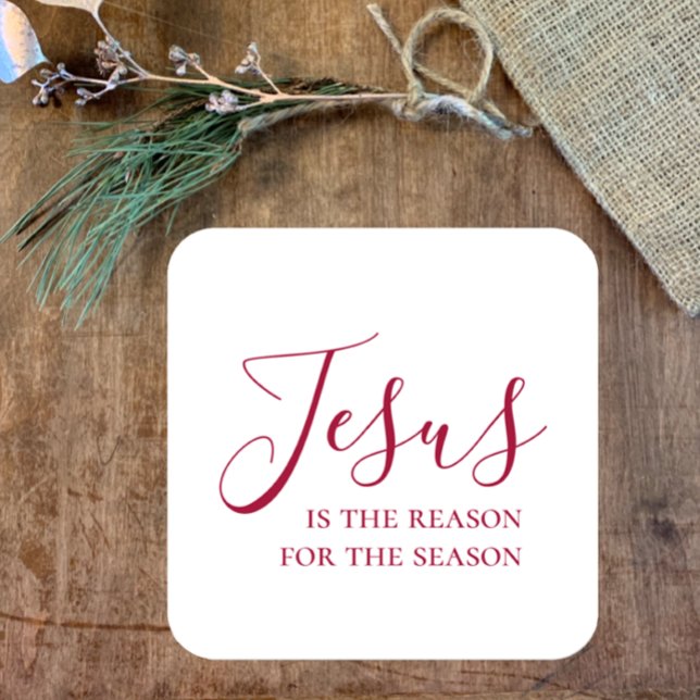 Pegatina Cuadrada Jesús es la razón de la temporada Navidades Rojos (Jesus is the reason for the season, Christian faith sticker. Stylish red script, pretty Christmas )