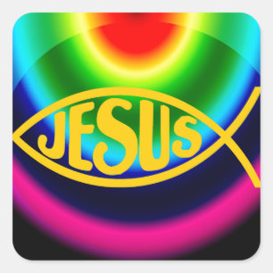 PEGATINA CUADRADA JESUS FISH ICHTHYS CRIST RAINBOW