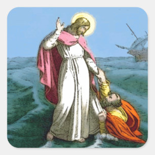 Pegatina Cuadrada Jesús que camina en el agua